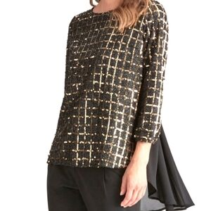PRELUDE HI-LO SEQUIN TOP SZ XL BLACK GOLD NWT